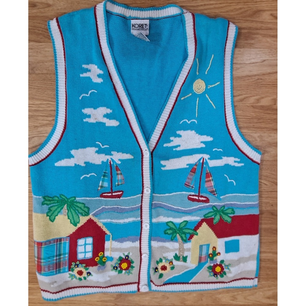 Vintage Koret Women Large Knit Sweater‎ Vest Beach Ocean Cruise Summer
